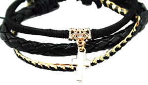 Layered Black Leather Bracelet Set- Gold Cross
