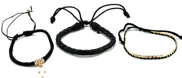 Layered Black Leather Bracelet Set- Gold Cross