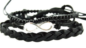 Layered Black Leather Bracelet Set- Silver Infinity