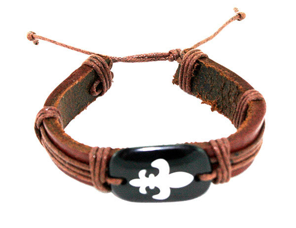 Leather Fleur-De-Lis Bracelet - Brown