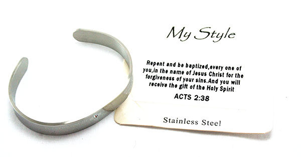 Stainless Steel Religious Silver Cuff Bracelet - Acts 2:38