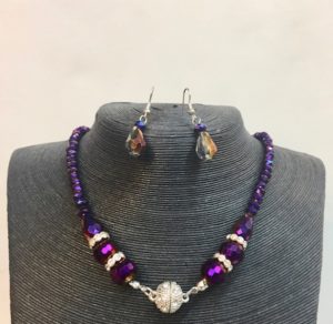 Crystal Necklace Set with Magnetic Closure - Metallic Purple